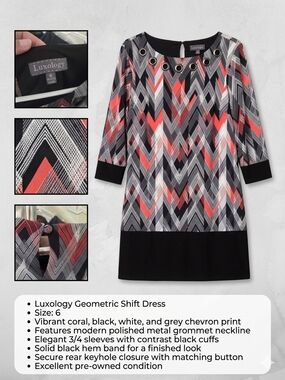 Luxology Coral, Black & White Chevron Shift Dress with Grommet Neckline